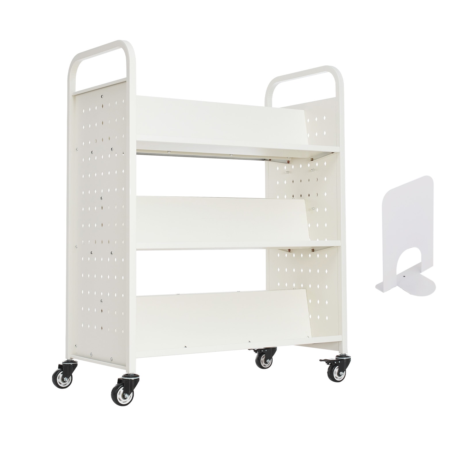 3-tier Rolling Book Cart Double Sided W-shaped Shelving Unit White_voghion.com
